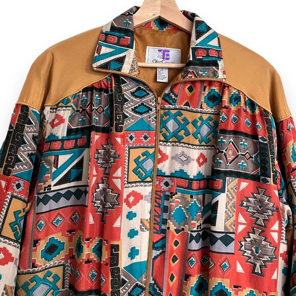 Vintage Oleg Cassini 100% Silk Western Print Full Zip Collared Jacket Women's L - Picture 3 of 8
